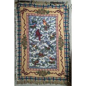 Vintage 80s 90s Goodwin Weavers Throw Blanket Tapestry 44" x 66" Winter Birds